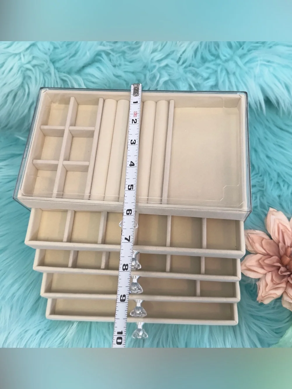 Jewelry Organizer 5 Drawer Crystal Accent Knobs Cream Velvet Drawers NEW!